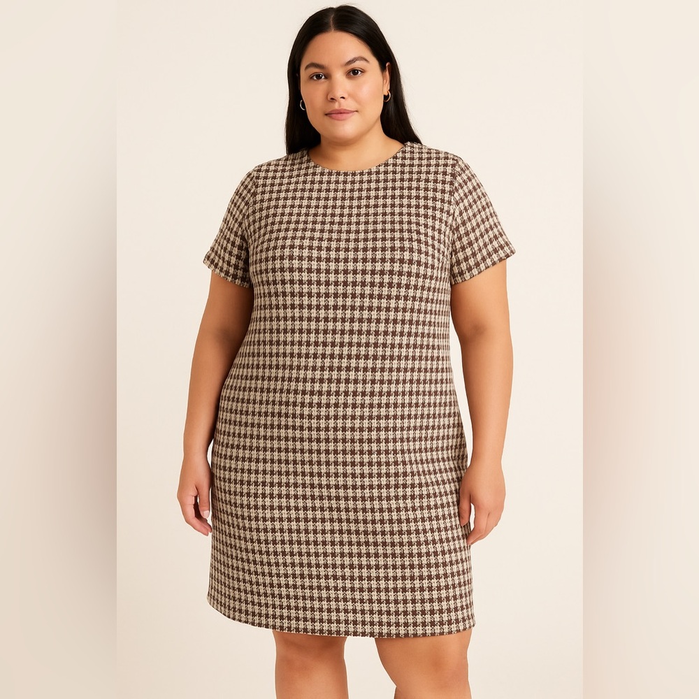 Ann Taylor Brown and White Houndstooth Tweed  Midi Dress